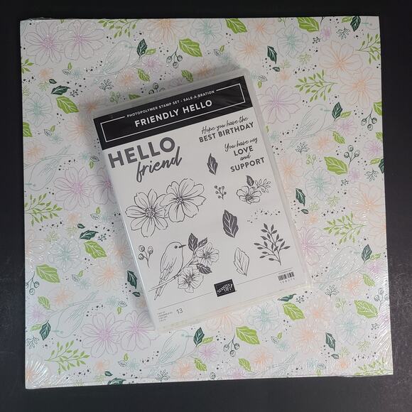 Stampin Up Friendly Hello Bundle Stamp Set & 12x12 Designer Series Paper DSP - Picture 3 of 10